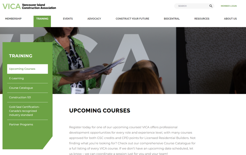 VICA upcoming courses web page