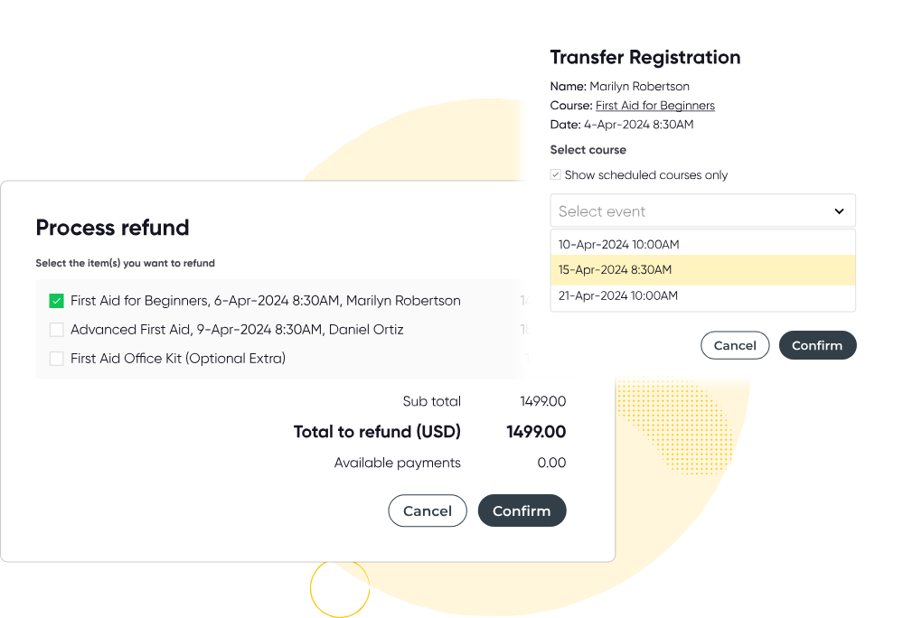 An example of processing a refund and transferring registration within Arlo