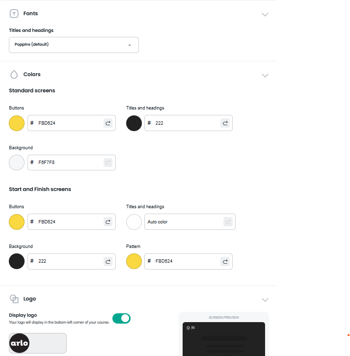 Elearning branding options. inside Arlo course creation workflow