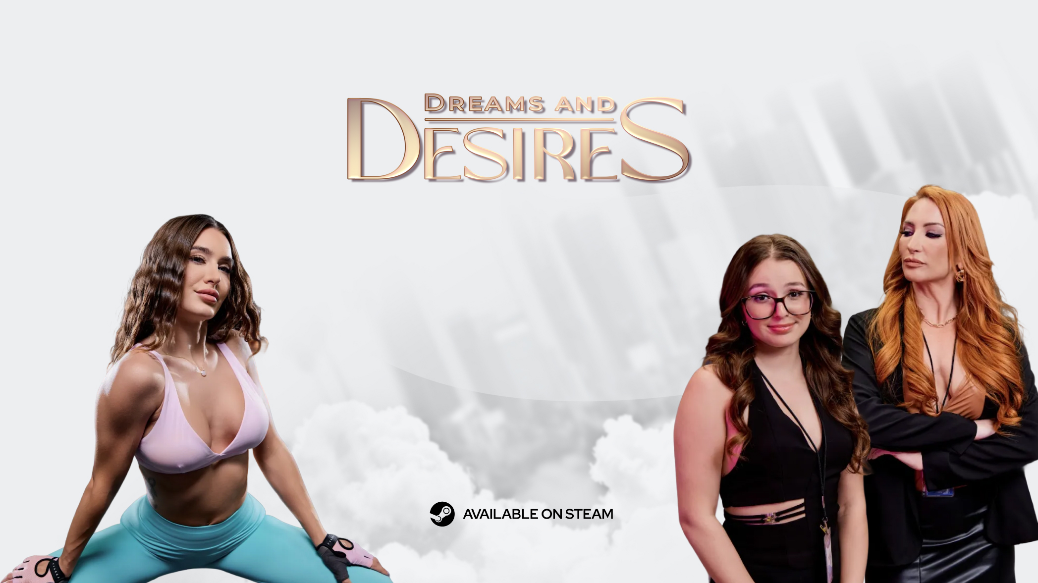 Three women in fitness and black outfits with Dreams and Desires logo and Steam availability text.