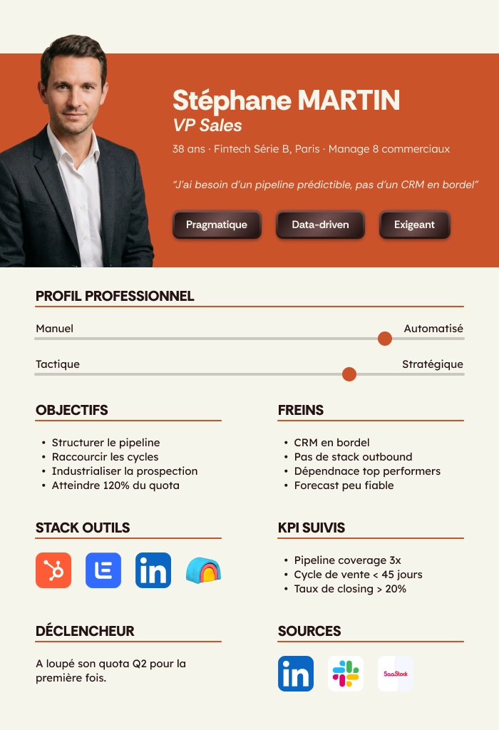 Fiche buyer persona Stéphane Martin, VP Sales fintech Série B : objectifs, freins, stack outils et KPI