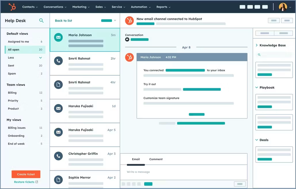 Interface HubSpot Service Hub : Help Desk avec tickets clients, conversations e-mail et base de connaissances