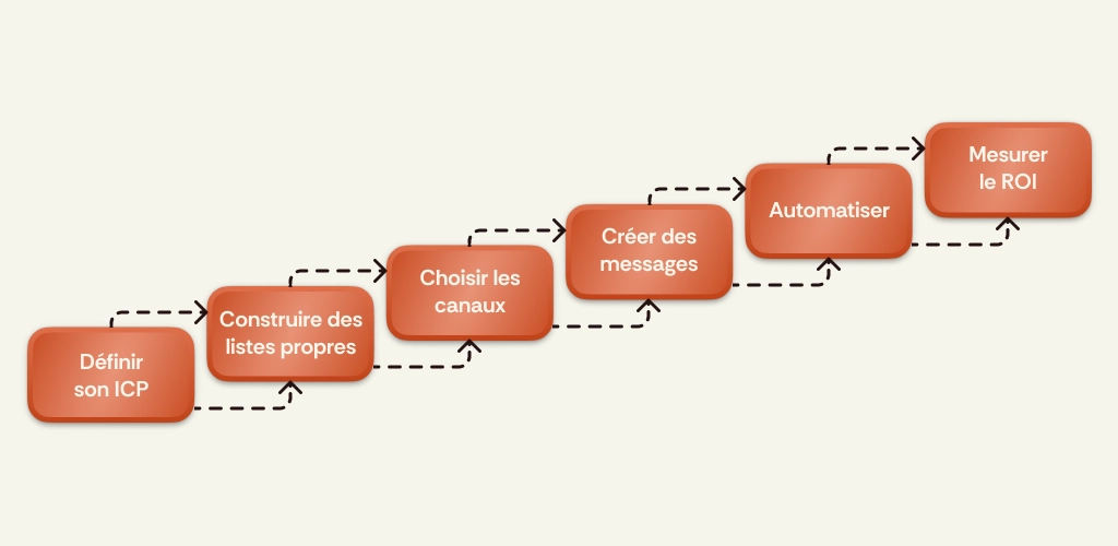 Schéma des 6 étapes d'une stratégie outbound : ICP, listes, canaux, messages, automatisation, ROI