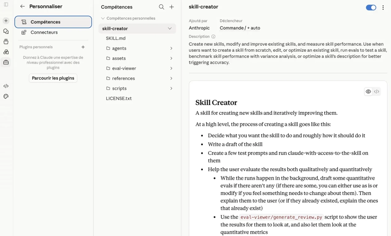 Interface Compétences de Claude.ai : le Skill Creator pour créer et installer un skill marketing