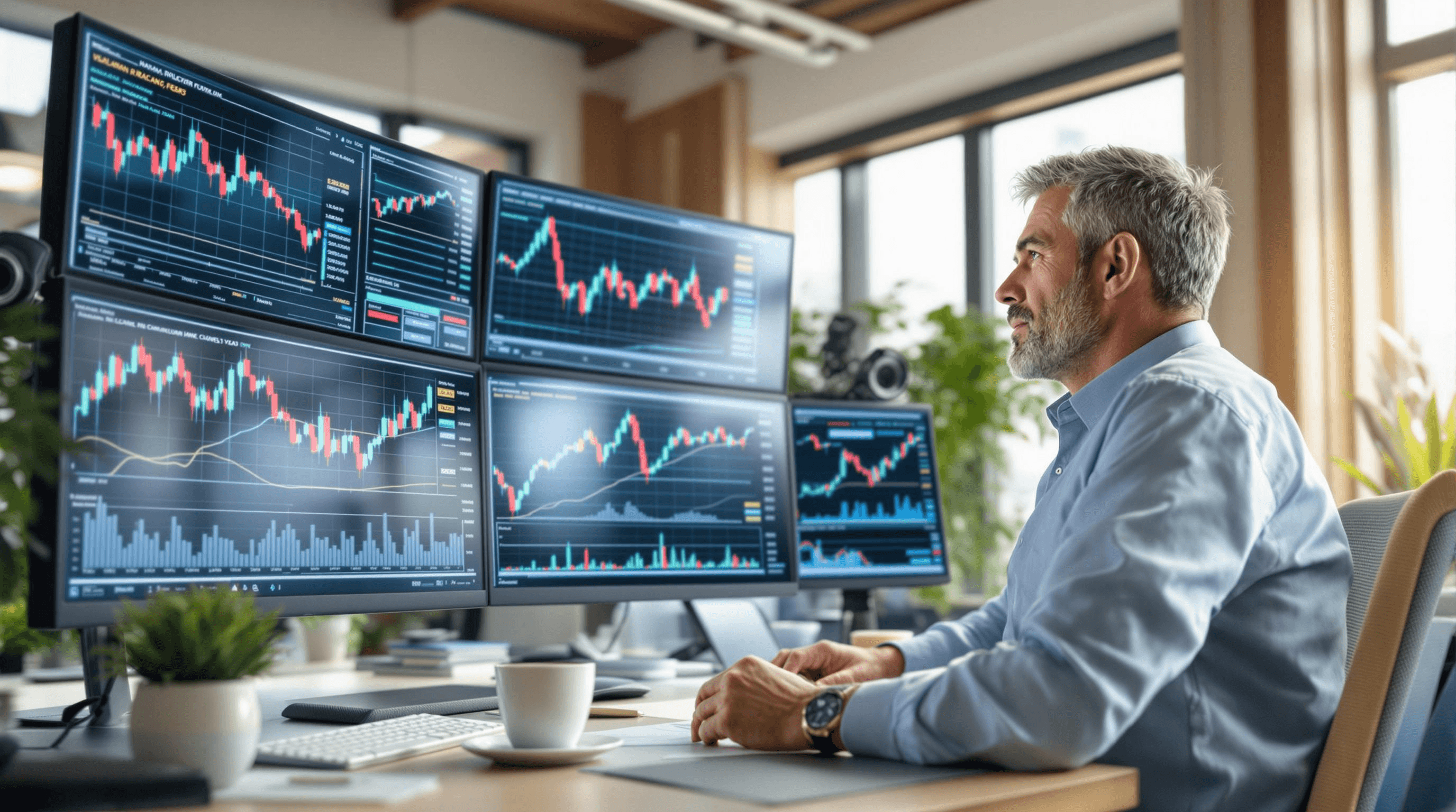 A trader analyzing multiple market screens - Volatility Trading