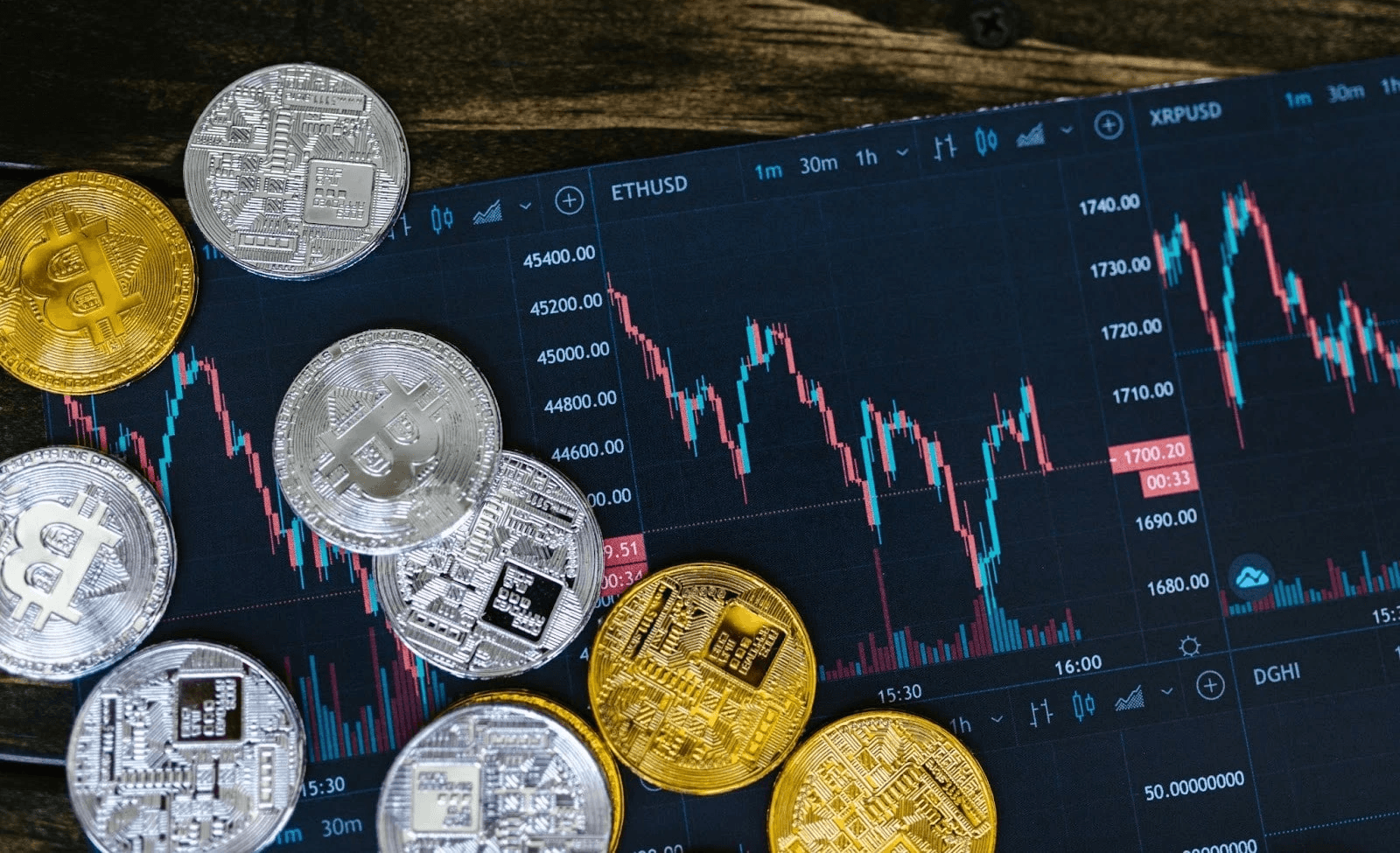 Cryptocurrency coins resting on trading charts - Best Copy Trading Platform