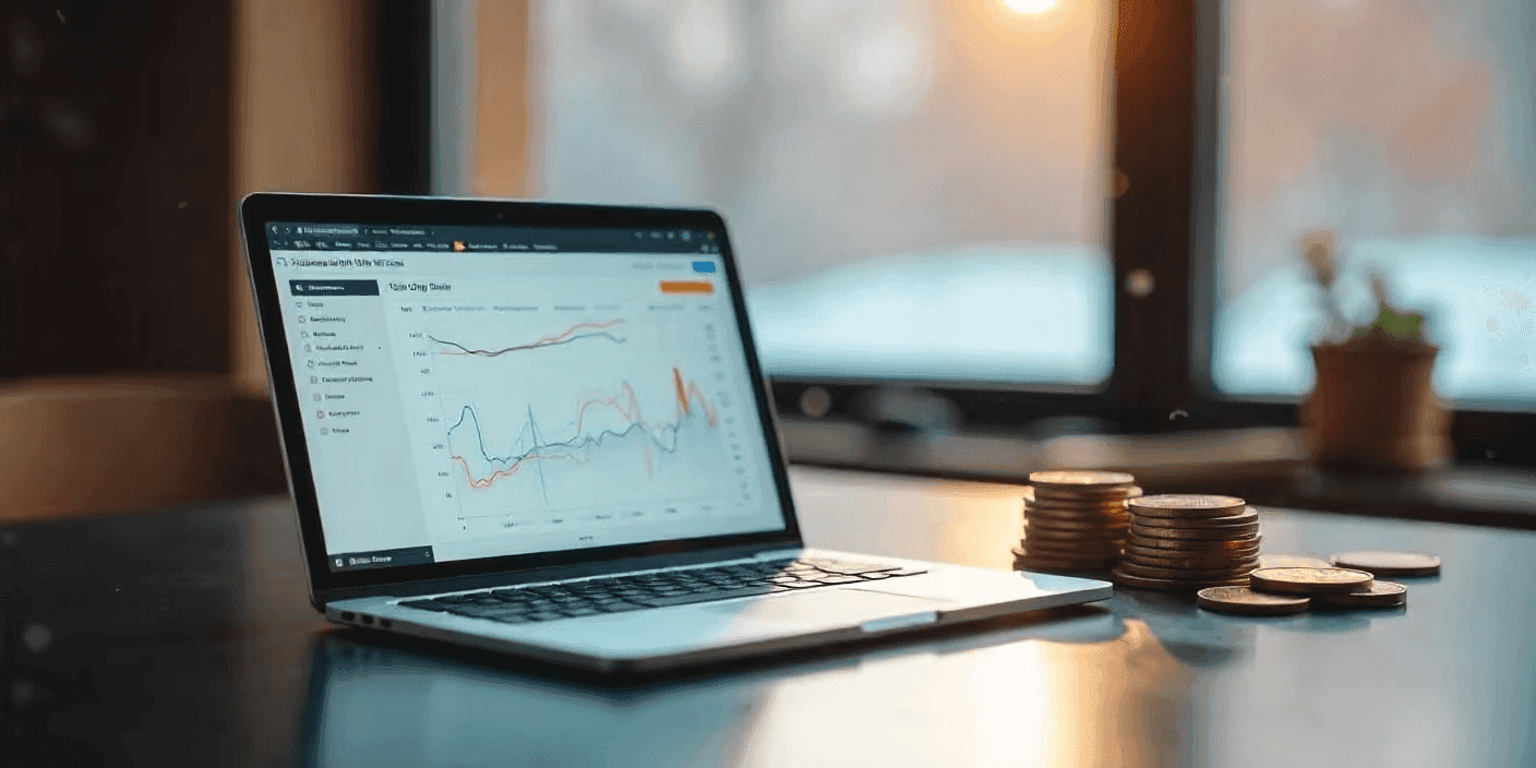  Laptop showing charts next to coins - Synthetic Funded Account