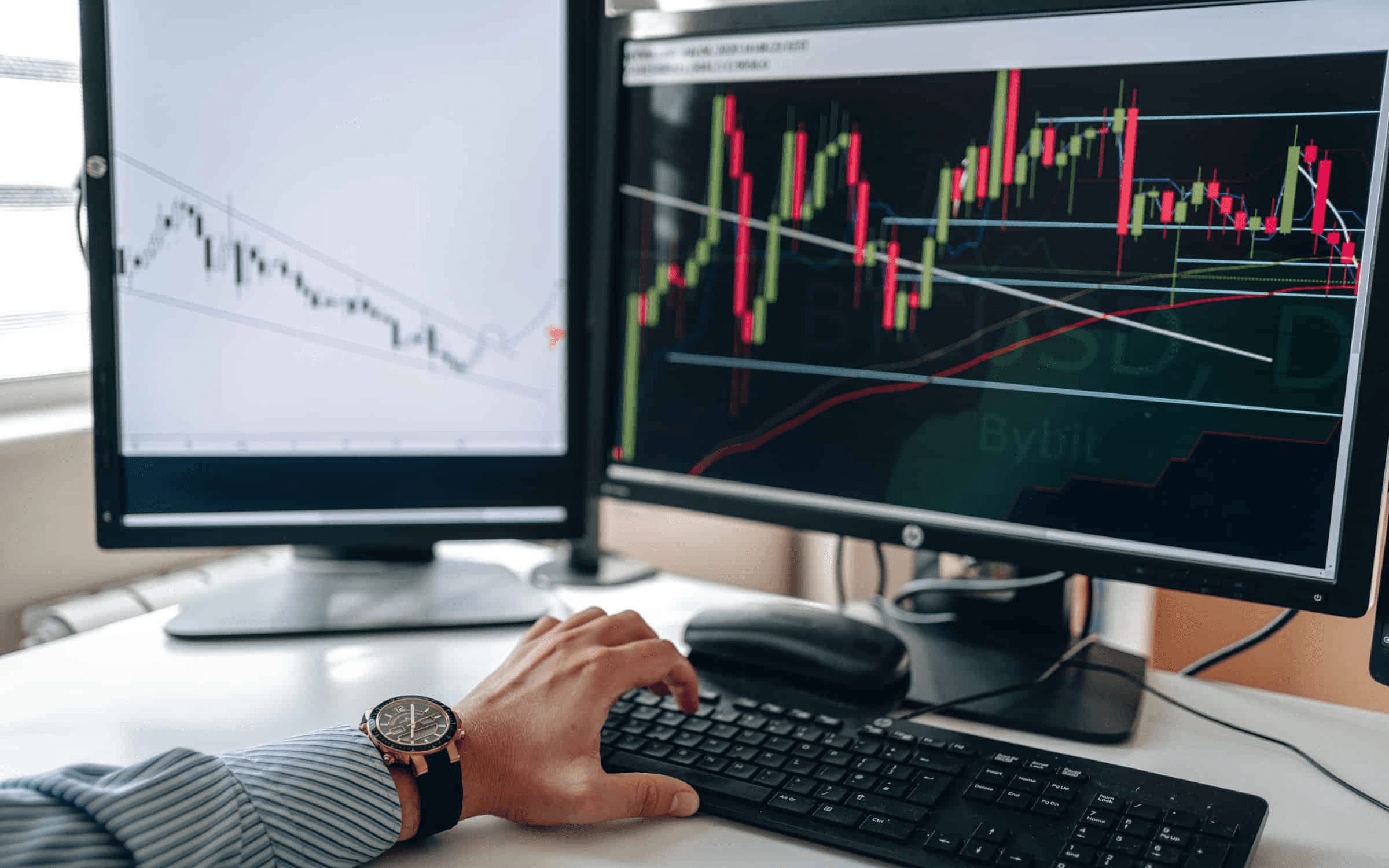 Person nalyzing multiple financial market candlestick charts -  Best Prop Firm to Start