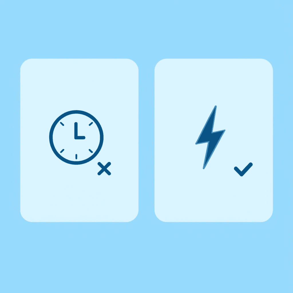 Left side shows stressed trader failing evaluation; right side shows confident trader with instant funding