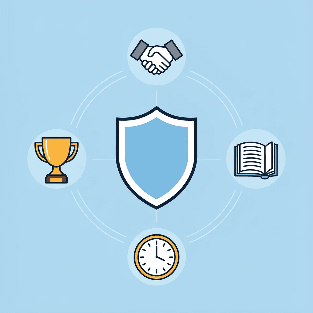 Central hub showing three interconnected elements: operational integrity, transparent policies, and trader success alignment