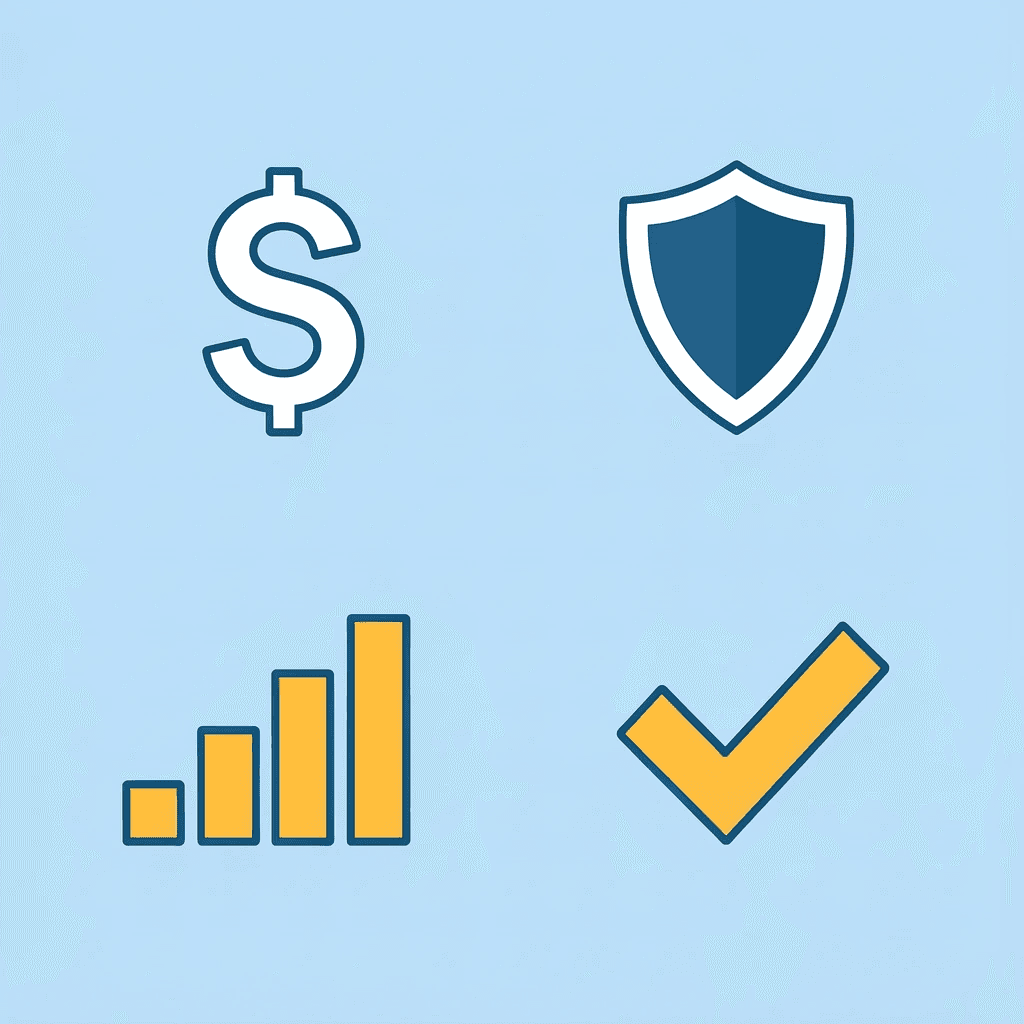 Four-icon grid showing the main evaluation criteria for choosing a prop firm