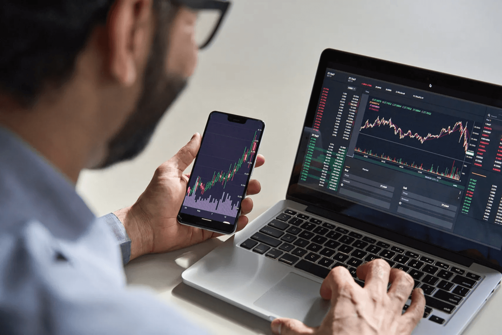 Trader using phone and laptop - Futures Trading Patterns