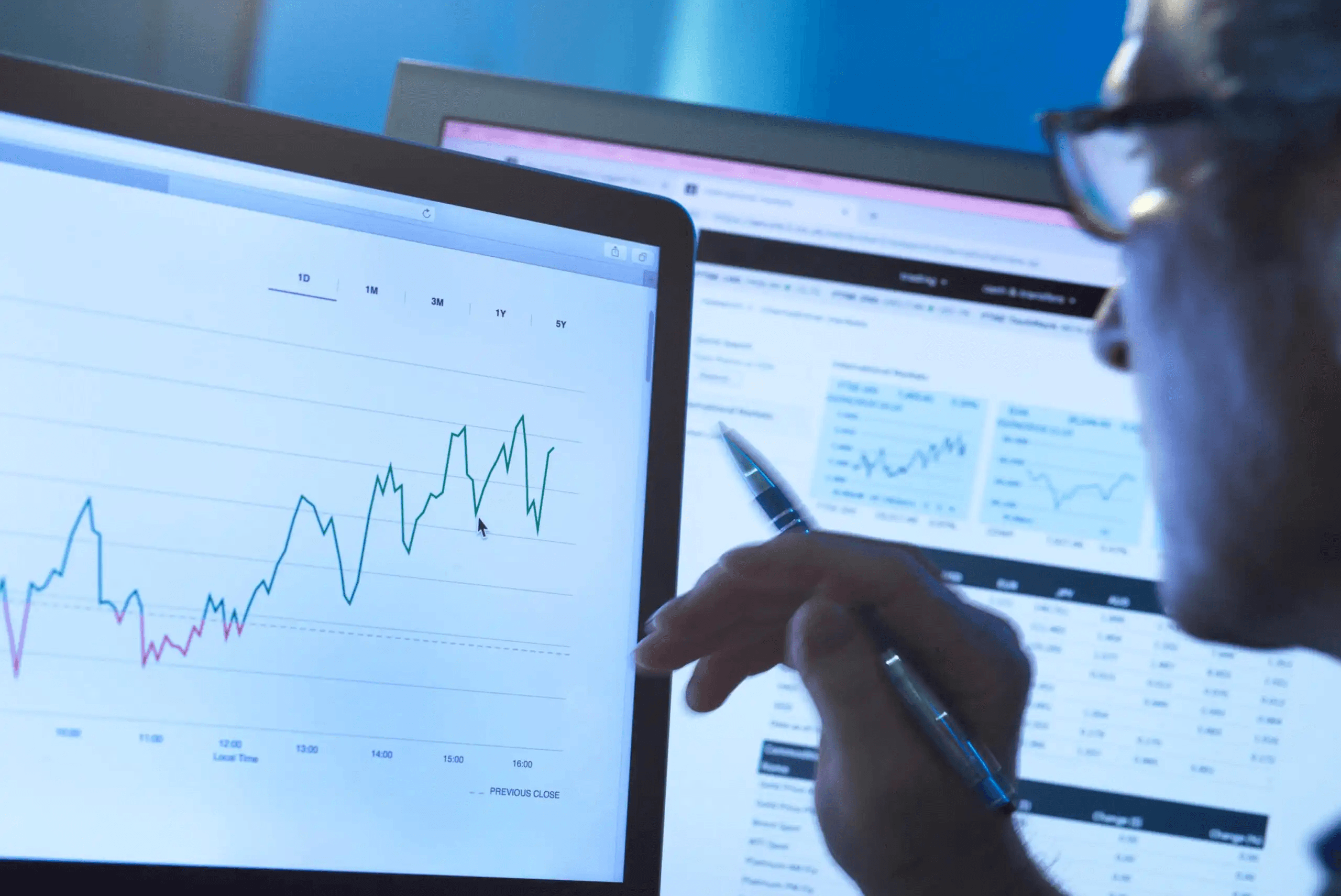 Person points at stock charts - Futures Brokers With Low Intraday Margin