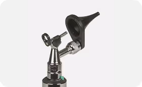 Otoscope with black ear speculum on a white background, illustrating a standard medical device used for ear examinations in clinical practice.