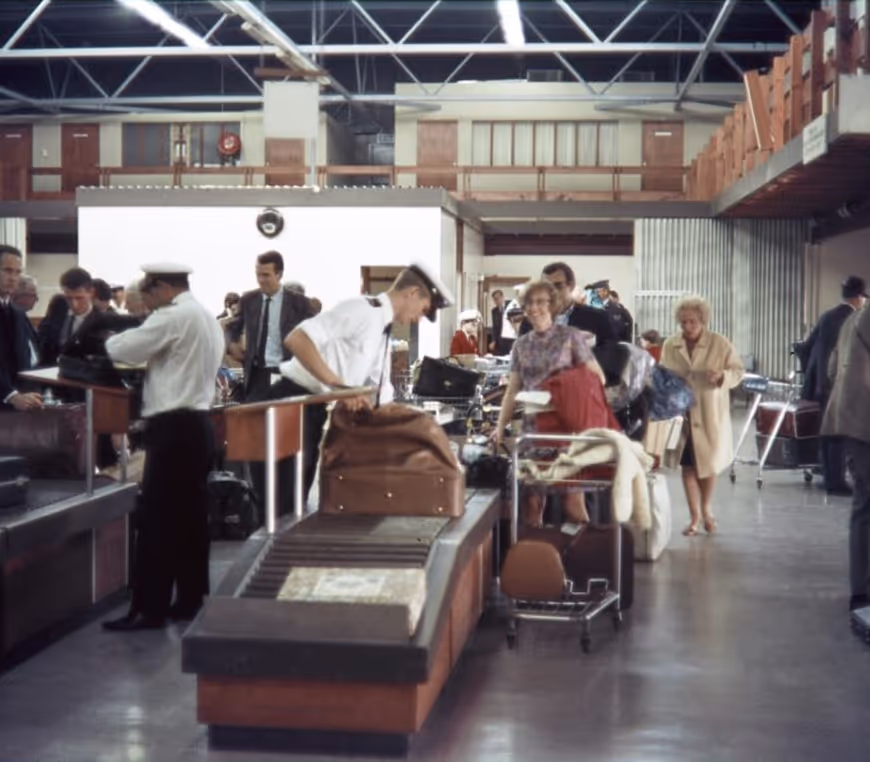 1968 baggage check Source Auckland Libraries Heritage Collections 1528_68001 1968 J B Rowntree