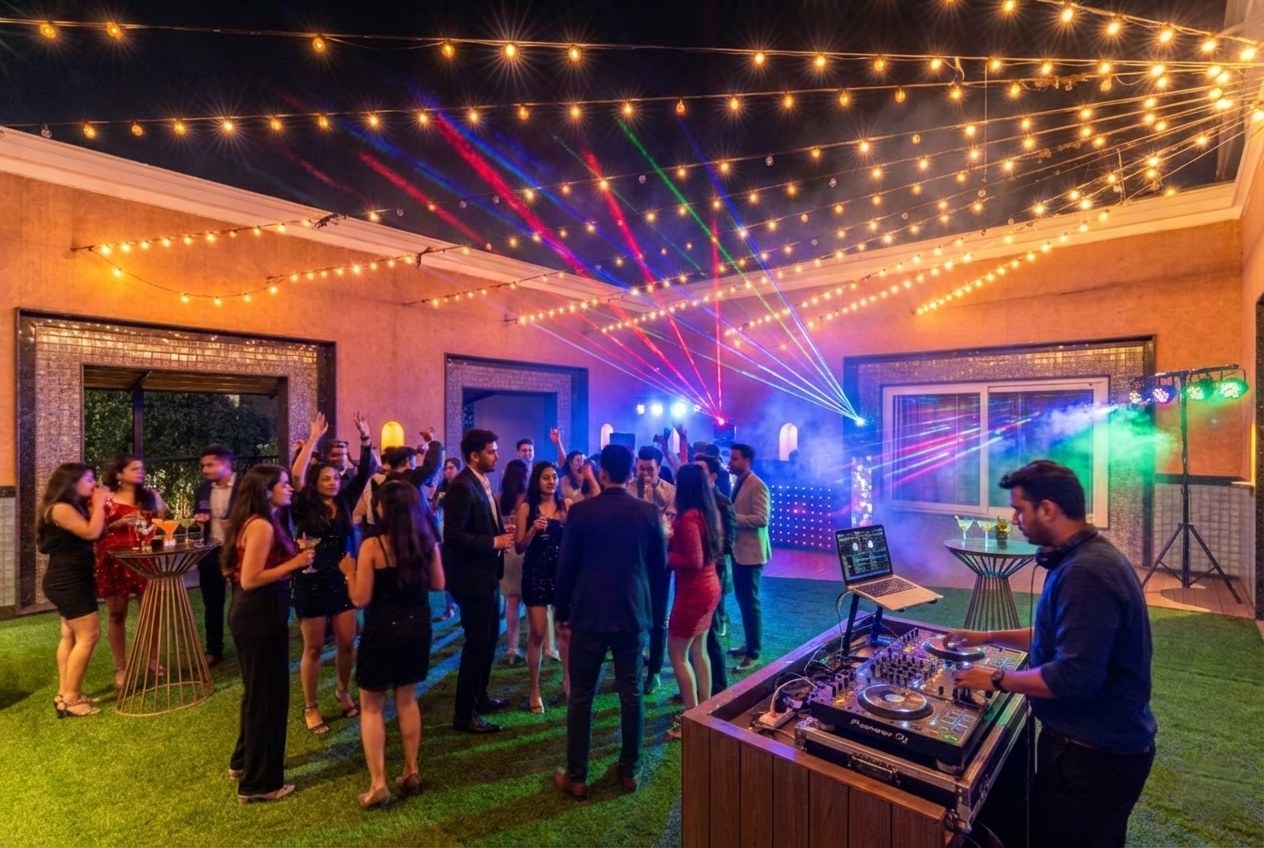 A high-energy night celebration at Sri Narayana Vanam farmhouse featuring a professional DJ setup with laser lights and fairy light canopy over a rooftop party zone. Located at Survey number 129, Moinabad Mandal, Aziznagar, Hyderabad, Telangana 500075. An elite venue for Sangeet nights, birthday parties, and private celebrations with premium sound and lighting.