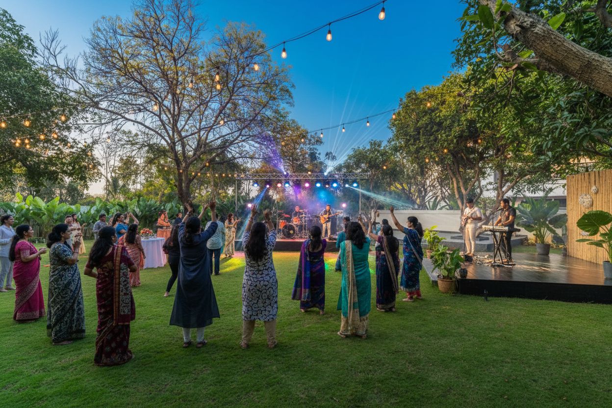 A vibrant evening outdoor celebration at Sri Narayana Vanam farmhouse, featuring a live band performing on a professional stage with colorful concert lighting. Guests are dancing on a spacious, manicured lawn under a canopy of warm string lights and mature trees. Located at Survey number 129, Moinabad Mandal, Aziznagar, Hyderabad, Telangana 500075, this luxury venue is the premier choice for sangeets, cocktail parties, and grand musical events in a serene nature setting.