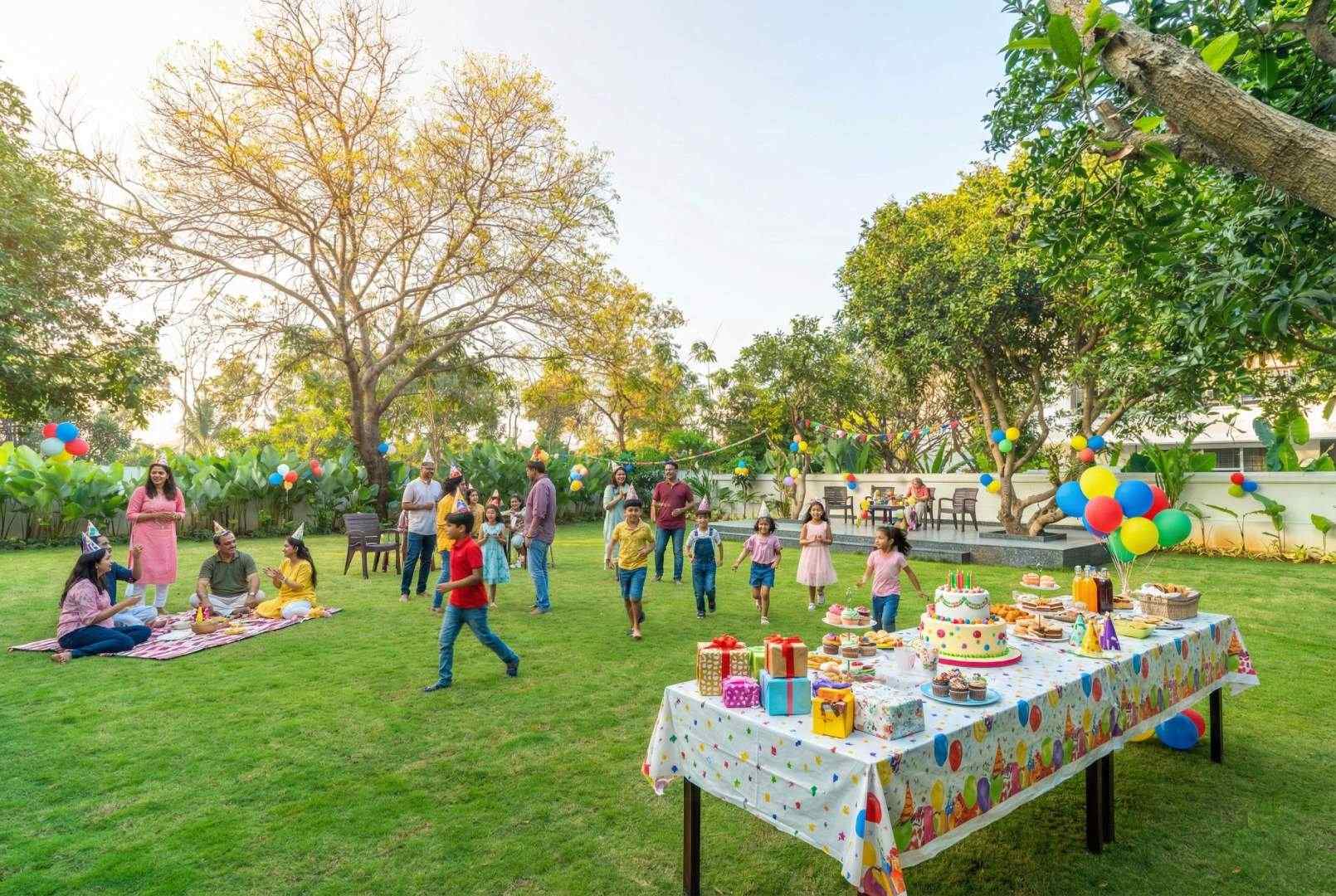 A joyful outdoor birthday party celebration on the large manicured lawn at Sri Narayana Vanam farmhouse, featuring a colorful refreshment table with a tiered cake, balloons, and children playing. This scenic property at Survey number 129, Moinabad Mandal, Aziznagar, Hyderabad, Telangana 500075, is the perfect farmhouse for family celebrations, kids' parties, and memorable outdoor gatherings.