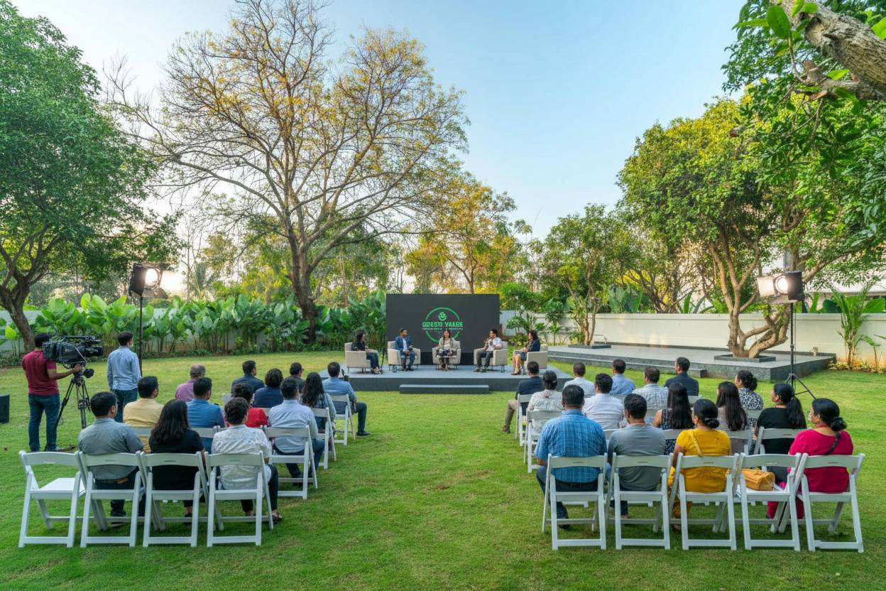 Professional outdoor corporate event or talk show setup at Sri Narayana Vanam farmhouse, featuring a modern stage with a digital backdrop, professional lighting, and white guest seating on a vast, manicured lawn. Located at Survey number 129, Moinabad Mandal, Aziznagar, Hyderabad, Telangana 500075. A premier venue for corporate retreats, seminars, and high-end outdoor events amidst a serene nature setting.