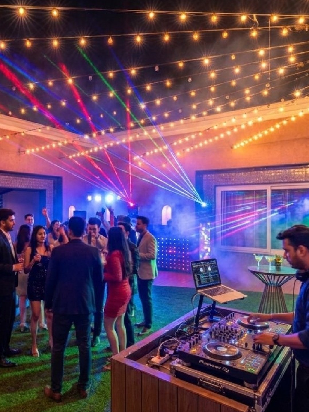 A high-energy night celebration at Sri Narayana Vanam farmhouse featuring a professional DJ setup with laser lights and fairy light canopy over a rooftop party zone. Located at Survey number 129, Moinabad Mandal, Aziznagar, Hyderabad, Telangana 500075. An elite venue for Sangeet nights, birthday parties, and private celebrations with premium sound and lighting.