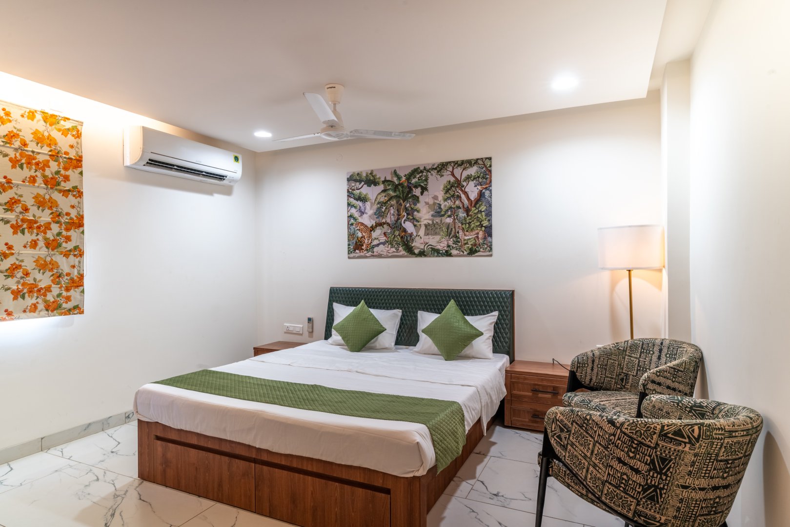 Luxury master bedroom interior at Sri Narayana Vanam farmhouse in Moinabad, Hyderabad, featuring a premium king-size bed, air conditioning, and elegant decor at Survey number 129, Aziznagar, Telangana 500075.