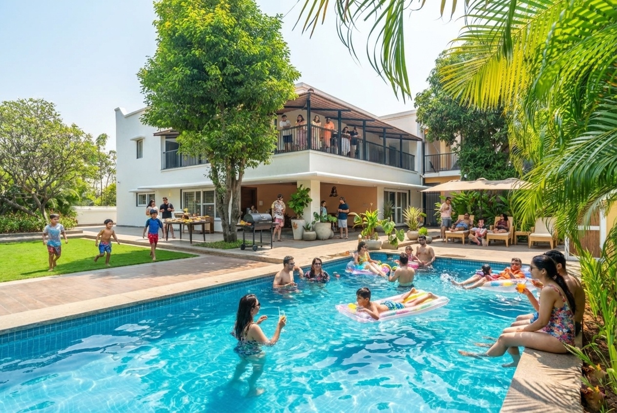 A vibrant day scene at Sri Narayana Vanam farmhouse showing families and children enjoying a large private swimming pool with floats, while others relax on the villa balconies and poolside deck. Located at Survey number 129, Moinabad Mandal, Aziznagar, Hyderabad, Telangana 500075, this luxury vacation rental offers the perfect setting for multi-generational family gatherings and lively poolside staycations.