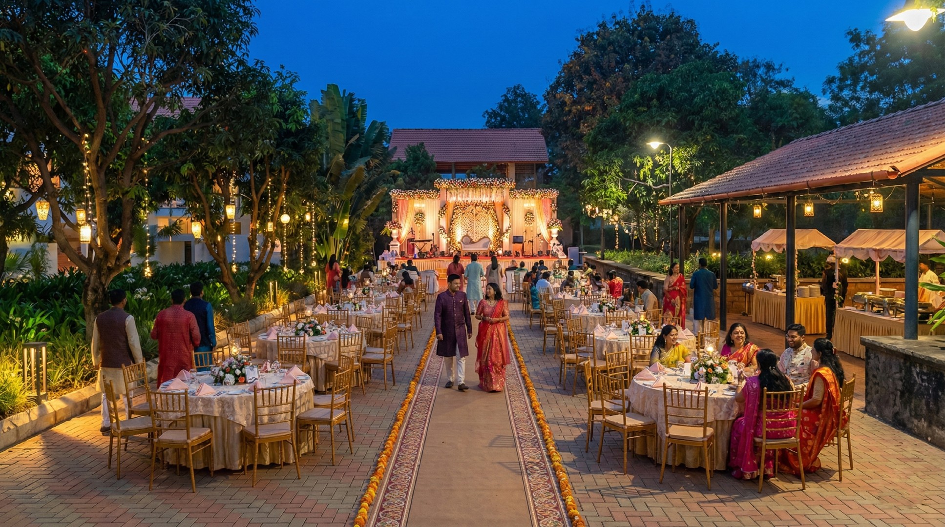 Outdoor wedding ceremony setup at a luxury farmhouse venue featuring an elegant mandap decorated with white flowers and gold drapes on a lush party lawn. Located at Survey number 129, Moinabad Mandal, Aziznagar, Hyderabad, Telangana 500075. Perfect for intimate garden weddings and celebrations up to 200 guests.