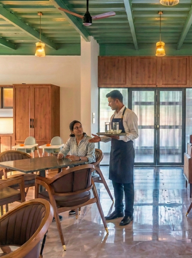 A professional service staff member serving a guest in a modern, well-lit dining hall and café at a luxury farmhouse. This dining area features aesthetic green ceilings, warm pendant lighting, and elegant wooden furniture located at Survey number 129, Moinabad Mandal, Aziznagar, Hyderabad, Telangana 500075. Ideal for family meals, corporate events, and wedding guests during their stay.