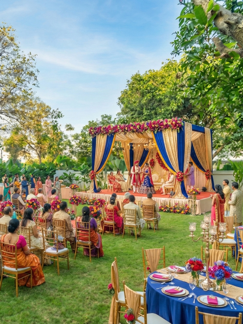 Outdoor wedding ceremony setup at a luxury farmhouse venue featuring an elegant mandap decorated with white flowers and gold drapes on a lush party lawn. Located at Survey number 129, Moinabad Mandal, Aziznagar, Hyderabad, Telangana 500075. Perfect for intimate garden weddings and celebrations up to 200 guests.
