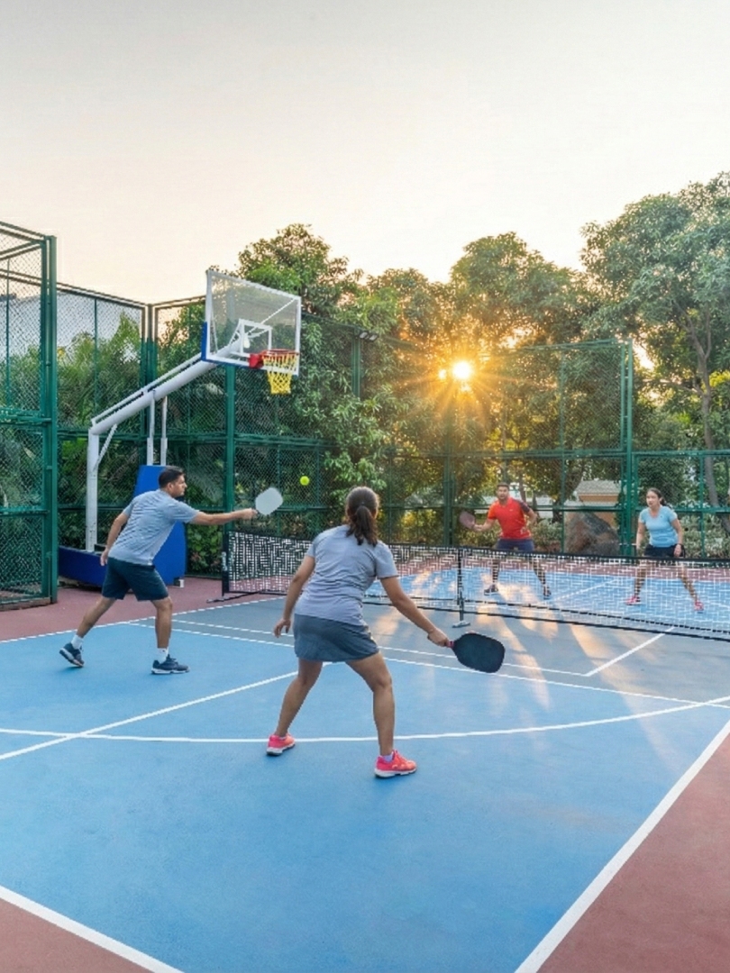Professional outdoor pickleball and basketball court at Sri Narayana Vanam farmhouse, featuring guests playing a match during sunset on a high-quality blue and red sports surface. Located at Survey number 129, Moinabad Mandal, Aziznagar, Hyderabad, Telangana 500075. A premier amenity for sports enthusiasts, active vacations, and corporate team-building events in a lush nature setting.