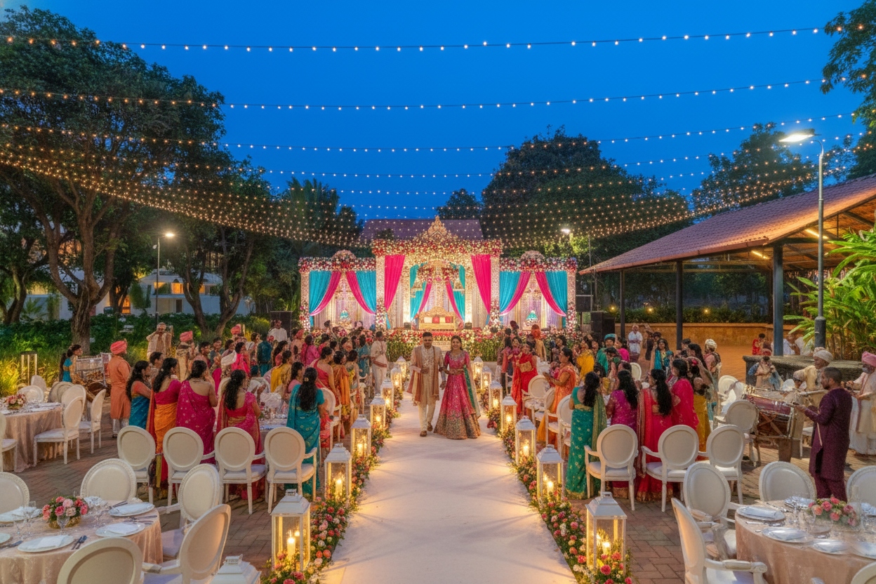 Outdoor wedding ceremony setup at a luxury farmhouse venue featuring an elegant mandap decorated with white flowers and gold drapes on a lush party lawn. Located at Survey number 129, Moinabad Mandal, Aziznagar, Hyderabad, Telangana 500075. Perfect for intimate garden weddings and celebrations up to 200 guests.