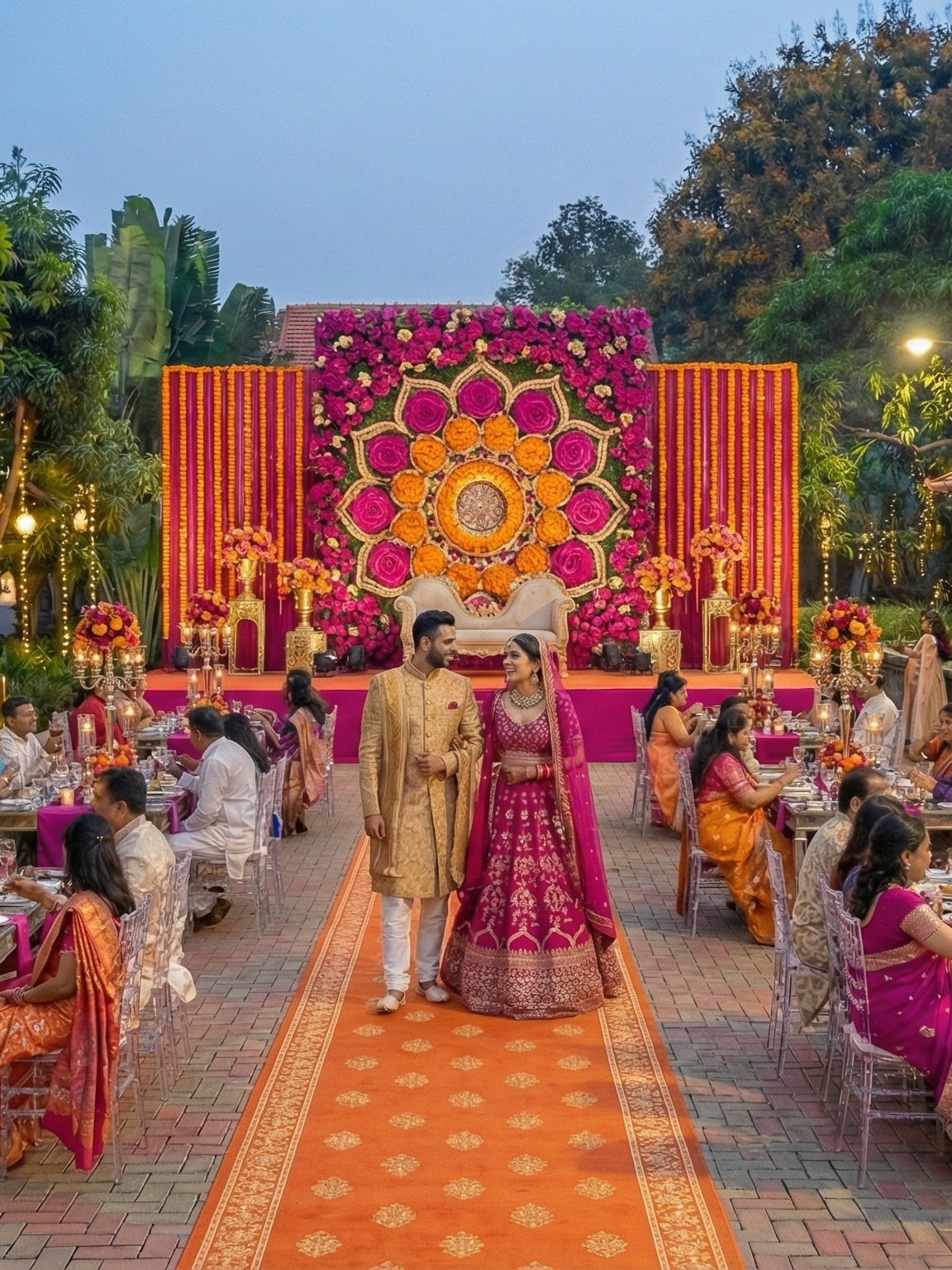 Outdoor wedding ceremony setup at a luxury farmhouse venue featuring an elegant mandap decorated with white flowers and gold drapes on a lush party lawn. Located at Survey number 129, Moinabad Mandal, Aziznagar, Hyderabad, Telangana 500075. Perfect for intimate garden weddings and celebrations up to 200 guests.