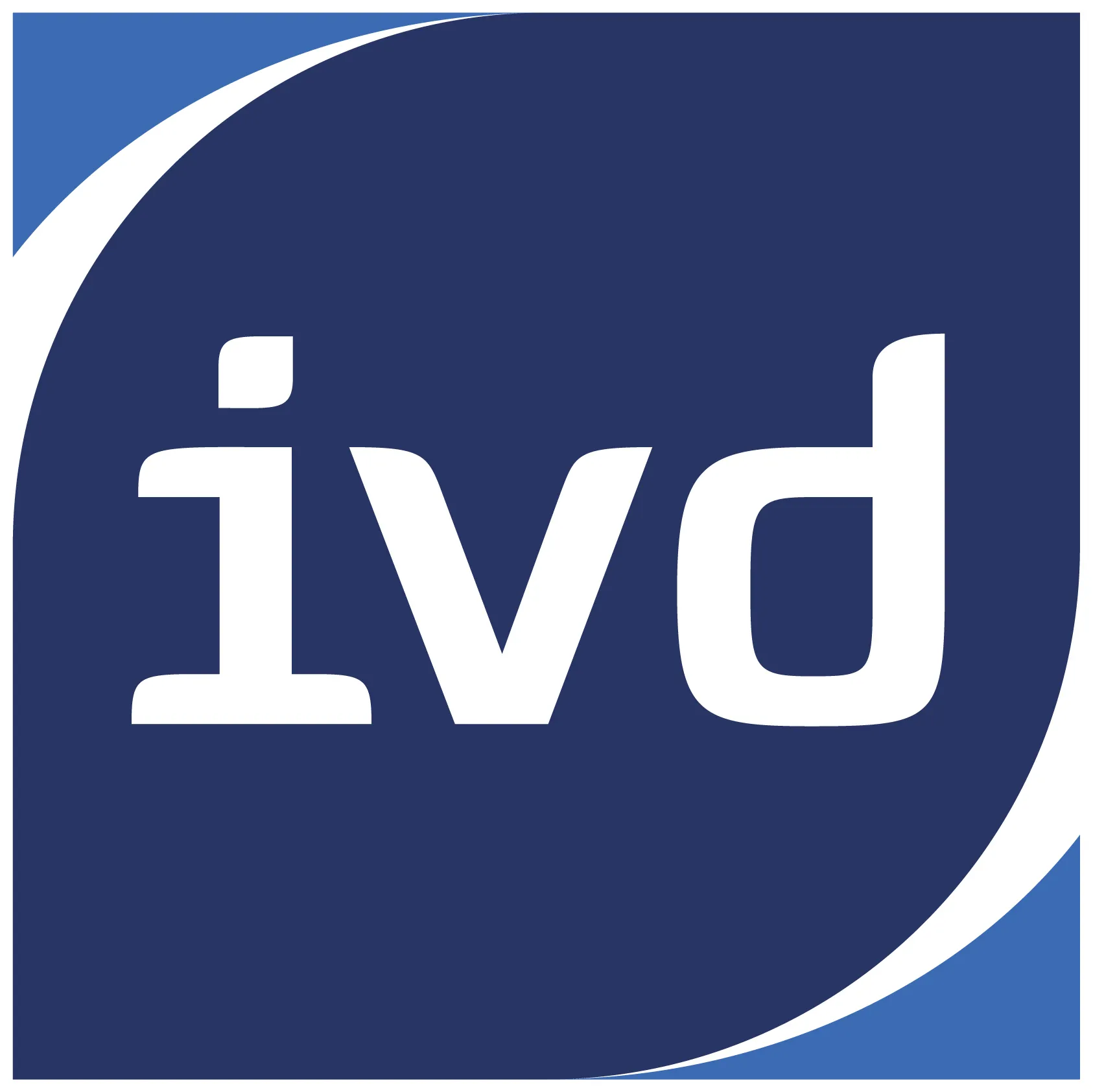 Logo des iVD in weißen Buchstaben auf dunkelblauem Hintergrund mit hellblauen und weißen Bogenelementen in den Ecken.