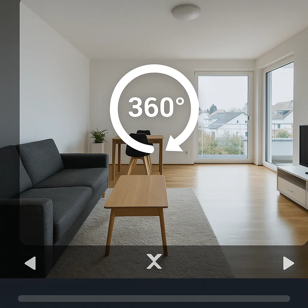 Modernes Wohnzimmer mit grauem Sofa, Holztisch, schwarzem Stuhl und großen Fenstern mit Blick auf Nachbarhäuser.