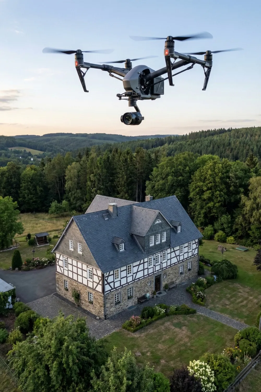 Schwarze Drohne mit Kamera schwebt über einem Fachwerkhaus und grünem Wald im Hintergrund.