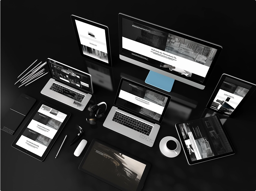 Black and white image of a laptop, tablet, and smartphone arranged together on a flat surface.