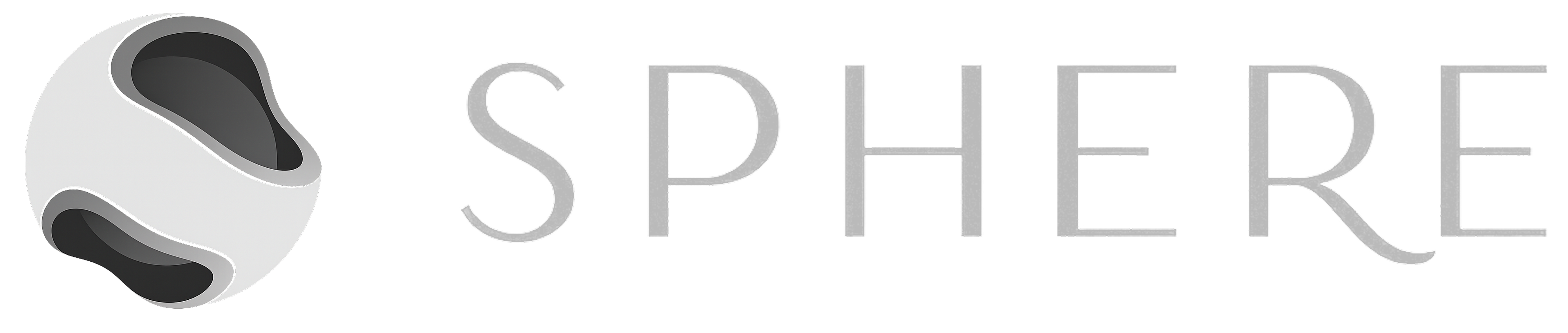 Logo de Sphere avec un symbole sphérique stylisé à gauche et le texte 'SPHERE' en lettres grises fines.