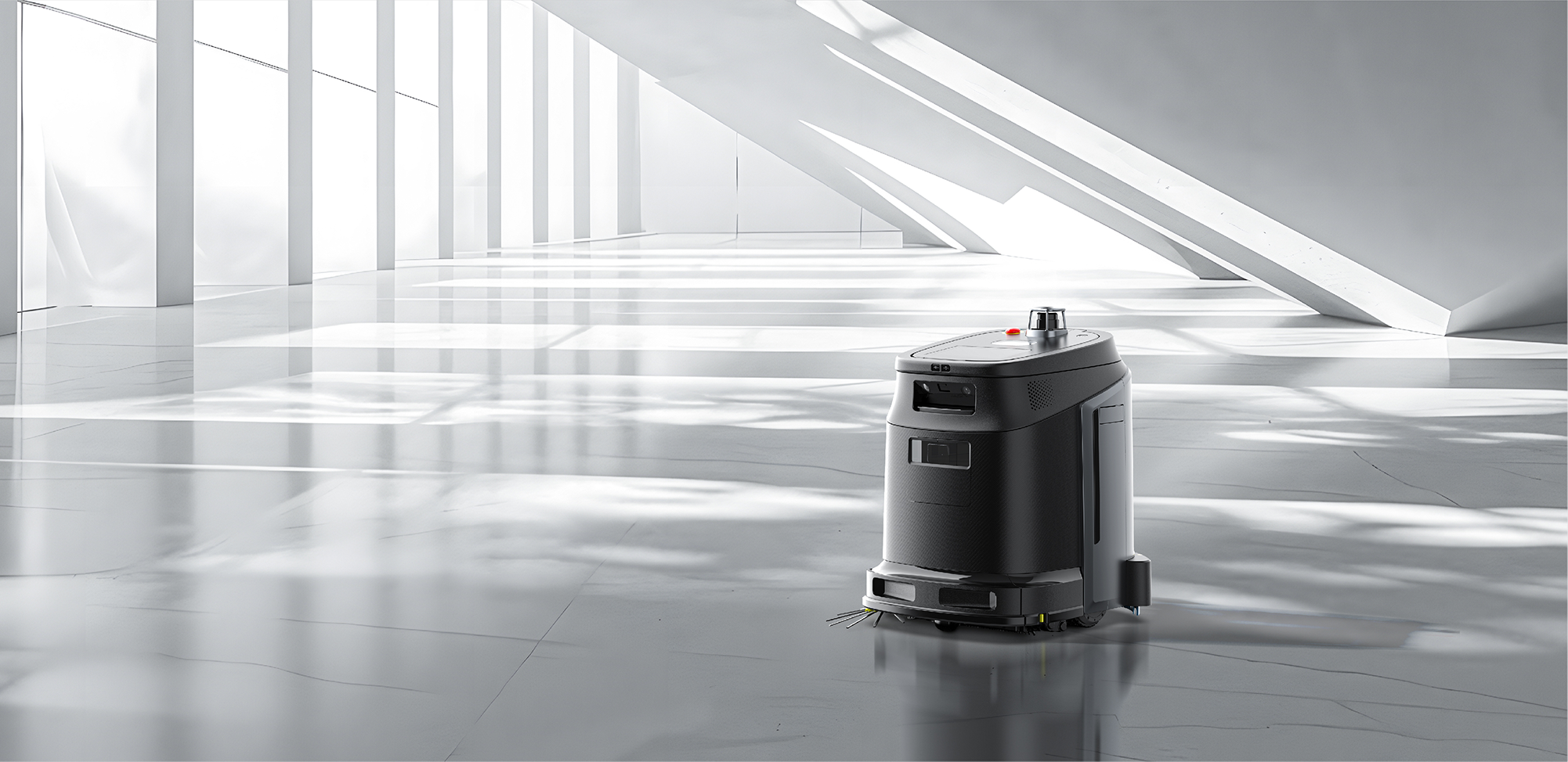 Robot de nettoyage autonome noir dans un grand espace intérieur blanc lumineux avec des ombres géométriques.