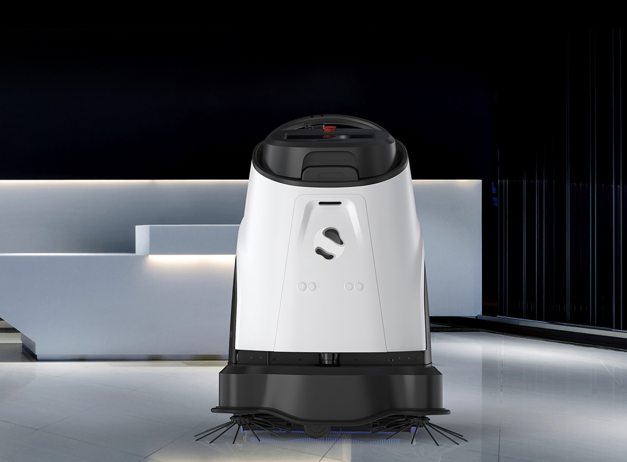 Robot de nettoyage autonome blanc et noir avec brosses circulaires sous forme de balai, positionné dans un intérieur moderne et minimaliste.