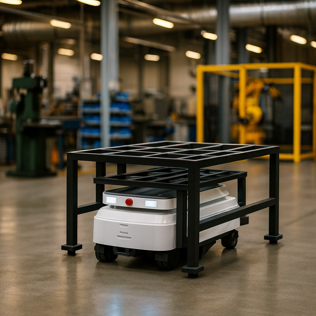 Robot mobile autonome blanc sous une structure métallique noire dans un atelier industriel.