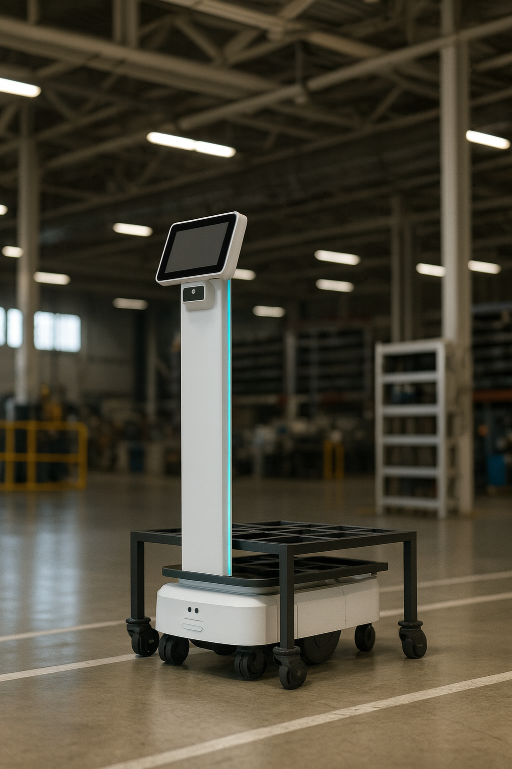 Robot autonome équipé d'un écran tactile et de roulettes dans un grand entrepôt industriel.