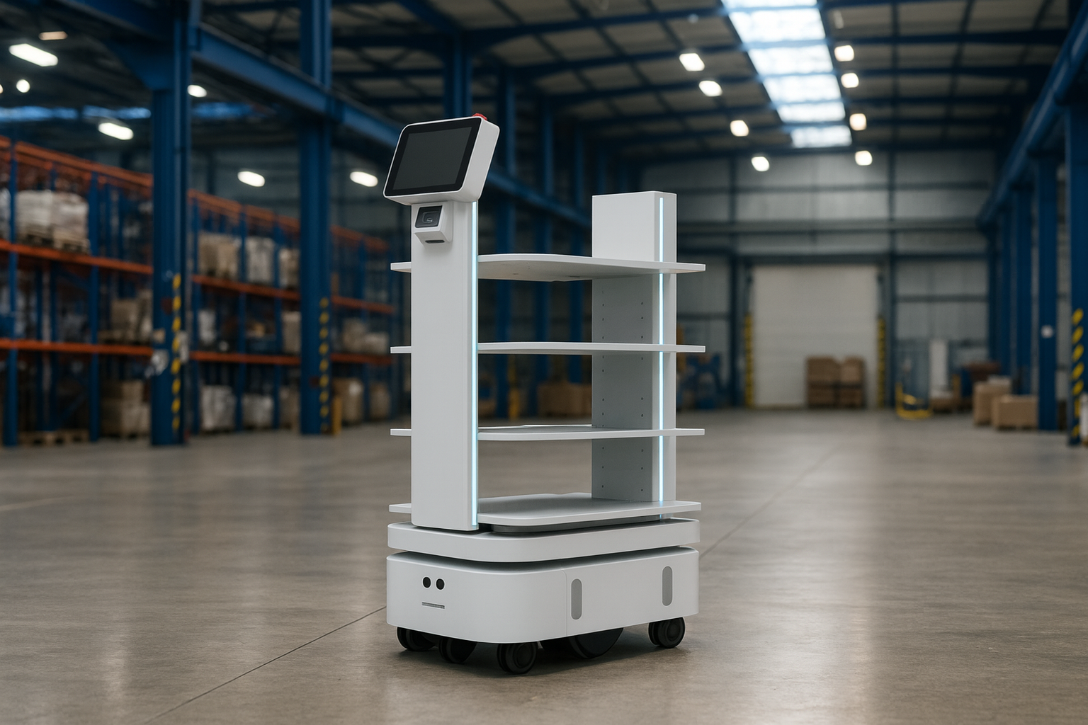 Robot autonome à étagères multiples avec écran tactile dans un grand entrepôt industriel.