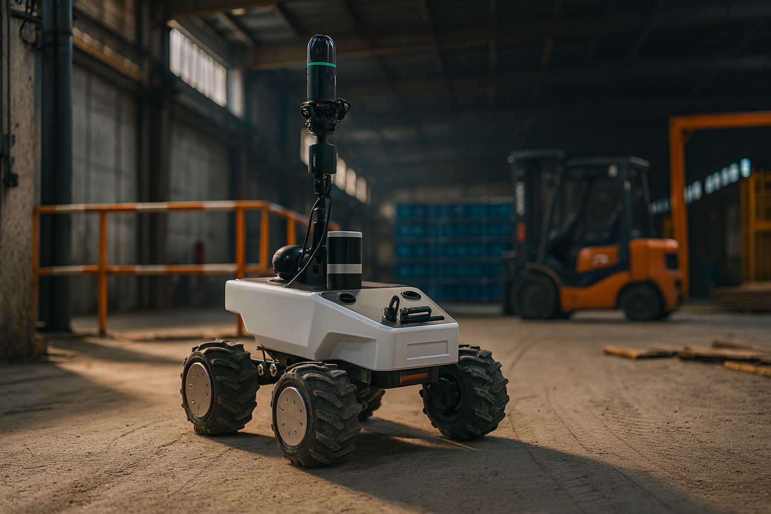 Robot autonome à quatre roues avec capteurs sur le dessus dans un entrepôt industriel, avec un chariot élévateur orange en arrière-plan.