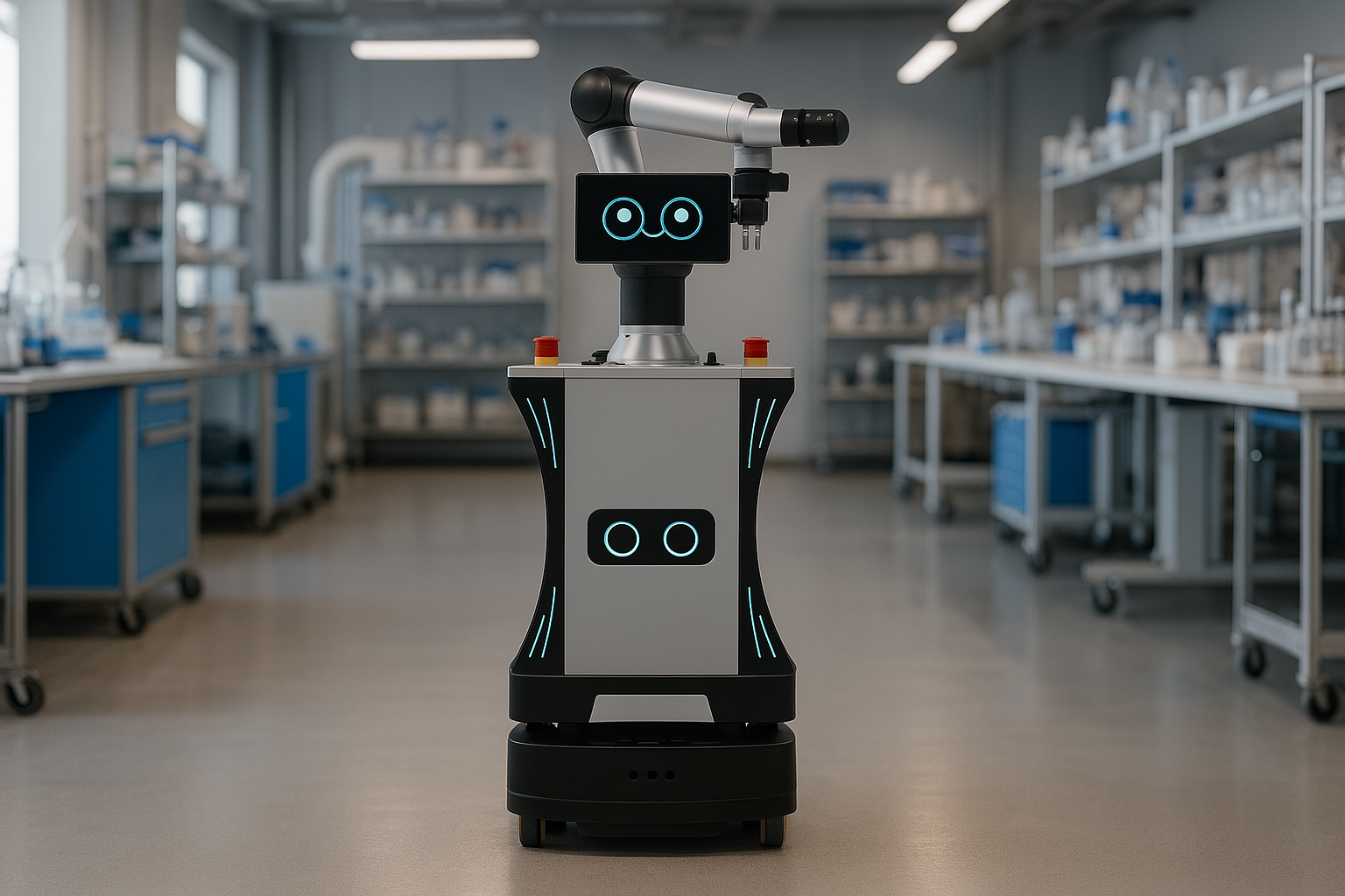 Robot mobile avec écran affichant des yeux lumineux dans un laboratoire scientifique moderne.