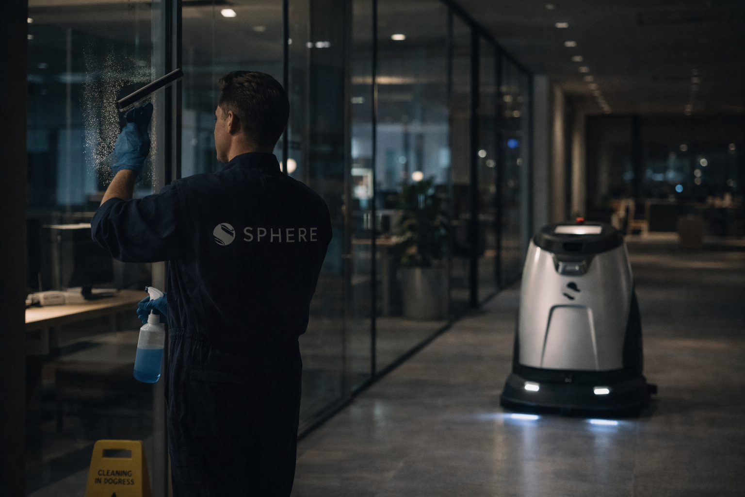 Un agent d'entretien nettoie une vitre dans un bureau moderne la nuit, avec un robot aspirateur en arrière-plan.