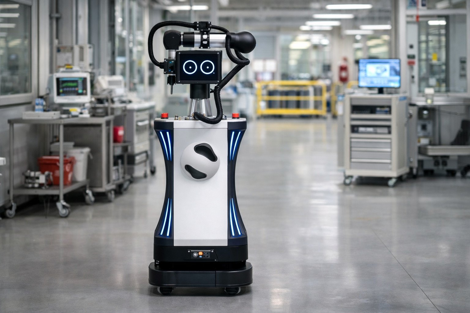 Robot autonome équipé d'un écran montrant des yeux numériques, se tenant dans une usine moderne et lumineuse.