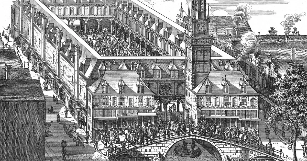 Vintage illustration of a bustling European market scene, featuring an ornate architectural structure and clock tower, with people crossing a stone bridge.