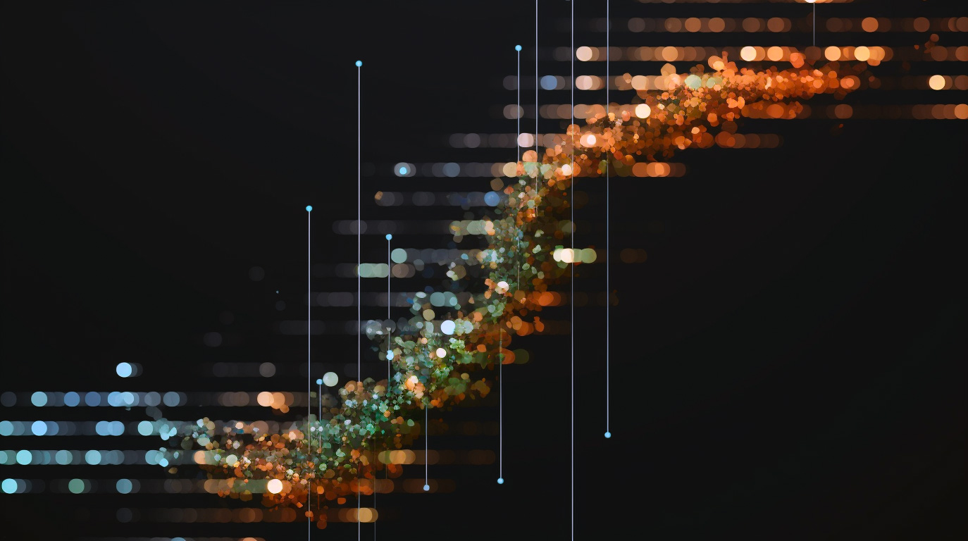 Abstract digital art featuring vertical blue binary code lines on a black background.