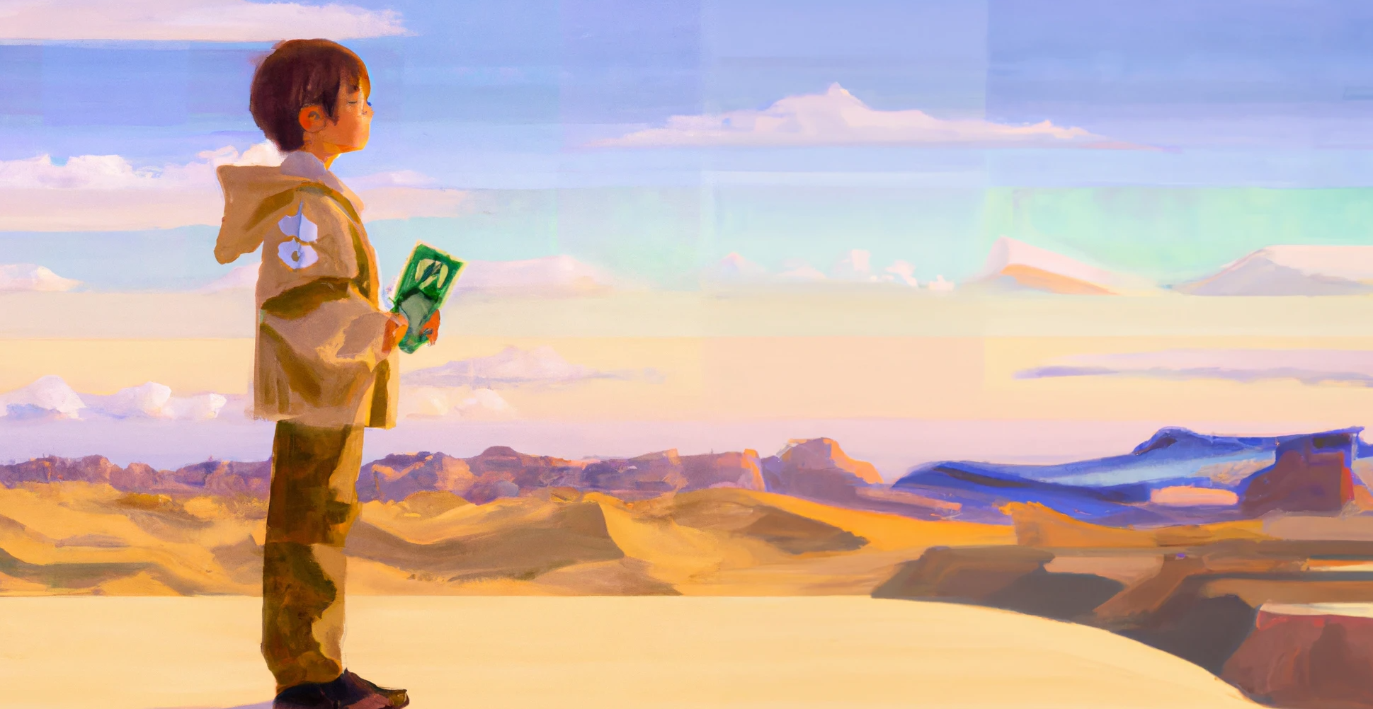 Desert landscape with large reddish rock formations under a crescent moon.