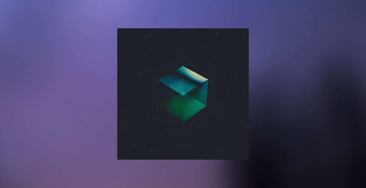 A pattern of overlapping blue cubes creates a dynamic, three-dimensional effect.